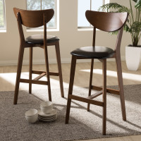 Baxton Studio Leena-Black/Walnut-BS Eline Mid-Century Modern Black Faux Leather Upholstered Walnut Finished Bar Stool (Set of 2)